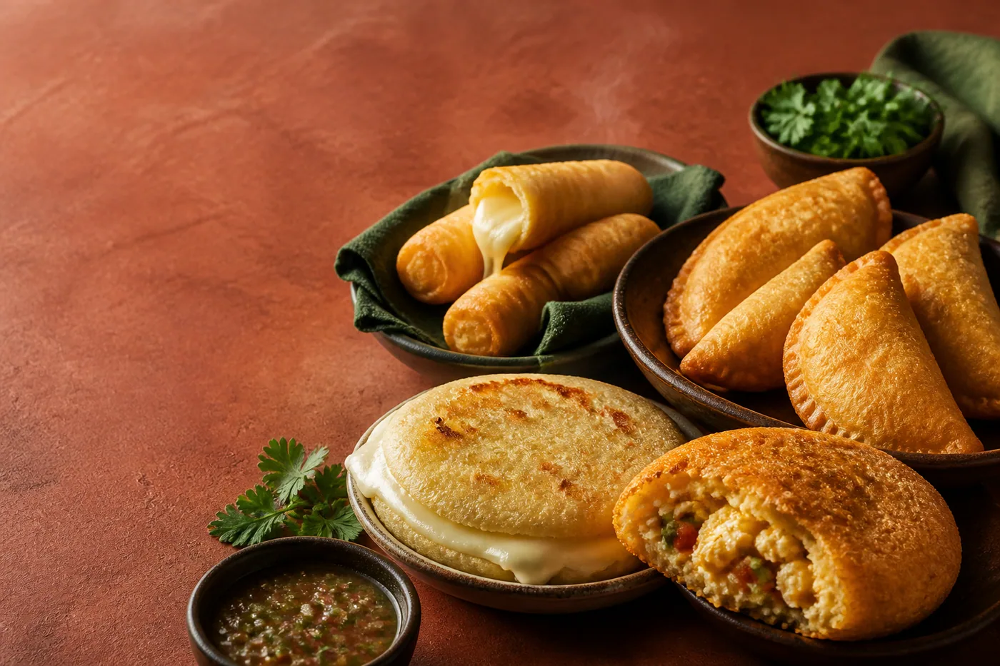 Arepas, tequeños y empanadas recién preparados
